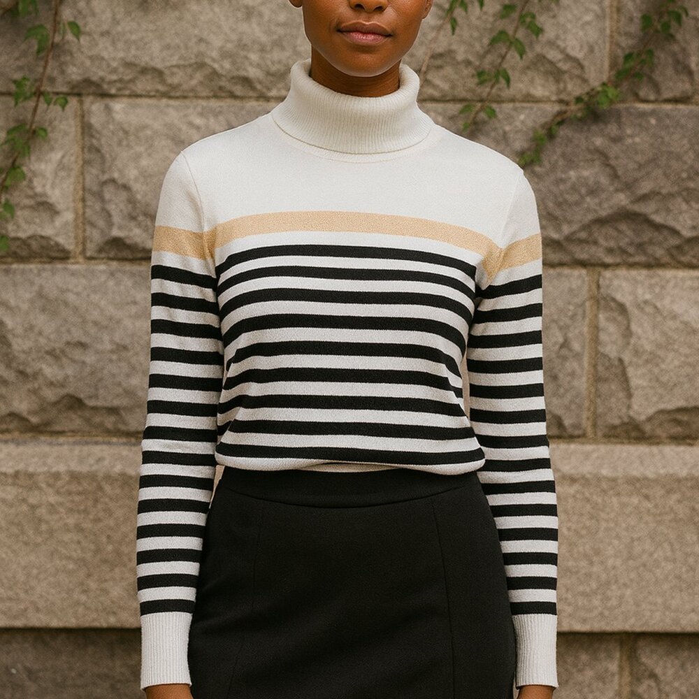 #060 TOMMY HILFIGER | White Black & Gold Striped Turtleneck Sweater - Medium